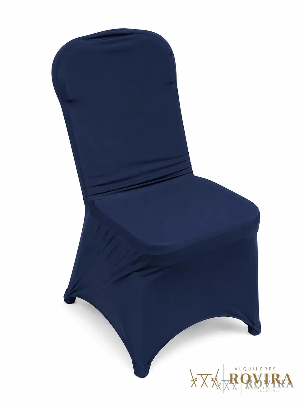Forro spandex azul marino para silla plegable, foto de producto sobre fondo blanco